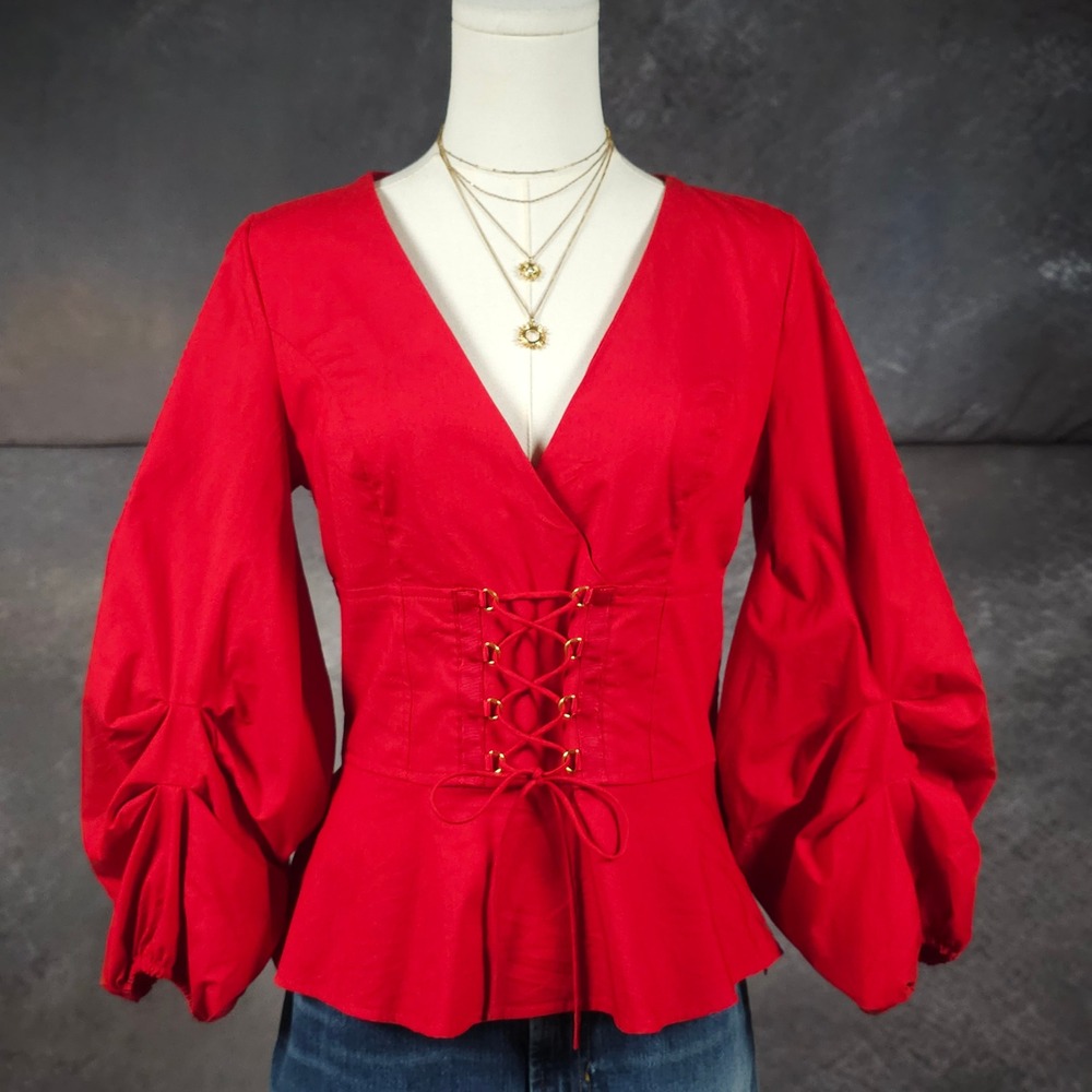 Express Corset Lace Up Peplum Blouse Puff Sleeve Poetcore Ren Faire Top Red S